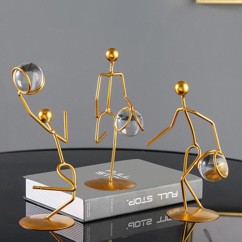 Athlete Crystal Ball Figurine Iron Gold Desktop Ornament Crafts Decor Supplies for Home Bedroom Living Room Desk Decor