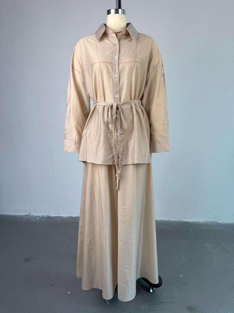 Мода Весна/Лето 2025 для Женщин Европы и Америки: Комплект: свободная рубашка с отложным воротником и длинным рукавом и юбка-миди с высокой талией