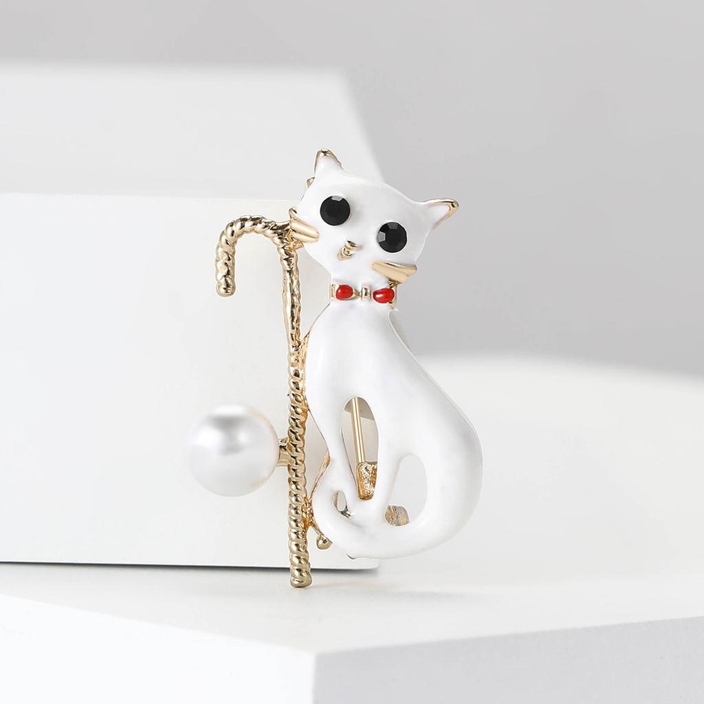 Cute Alloy Enamel Cane Cat Brooch Versatile Temperament Women'S Suit Shirt Corsage Jewelry Pin