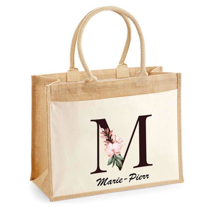 Sac de plage - PLANETEE - Marie-Pierre Lettre Fleur - Coton beige - Grande contenance - Anses renforcées