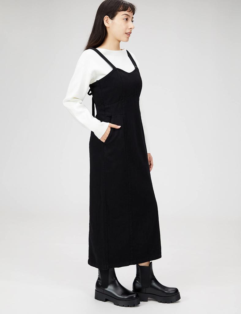 Freeze Mart Women's Casual Dress with Back Ribbon, I-Line Denim Jumper Skirt, Black, Size S