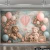 Teddy bear hot air balloon theme  including light brown teddy bear plush toys and pink floral wreath teddy bears.