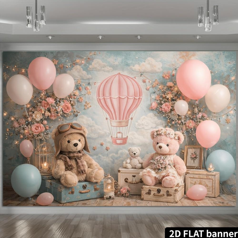 Teddy bear hot air balloon theme including light brown teddy bear plush toys and pink floral wreath teddy bears.