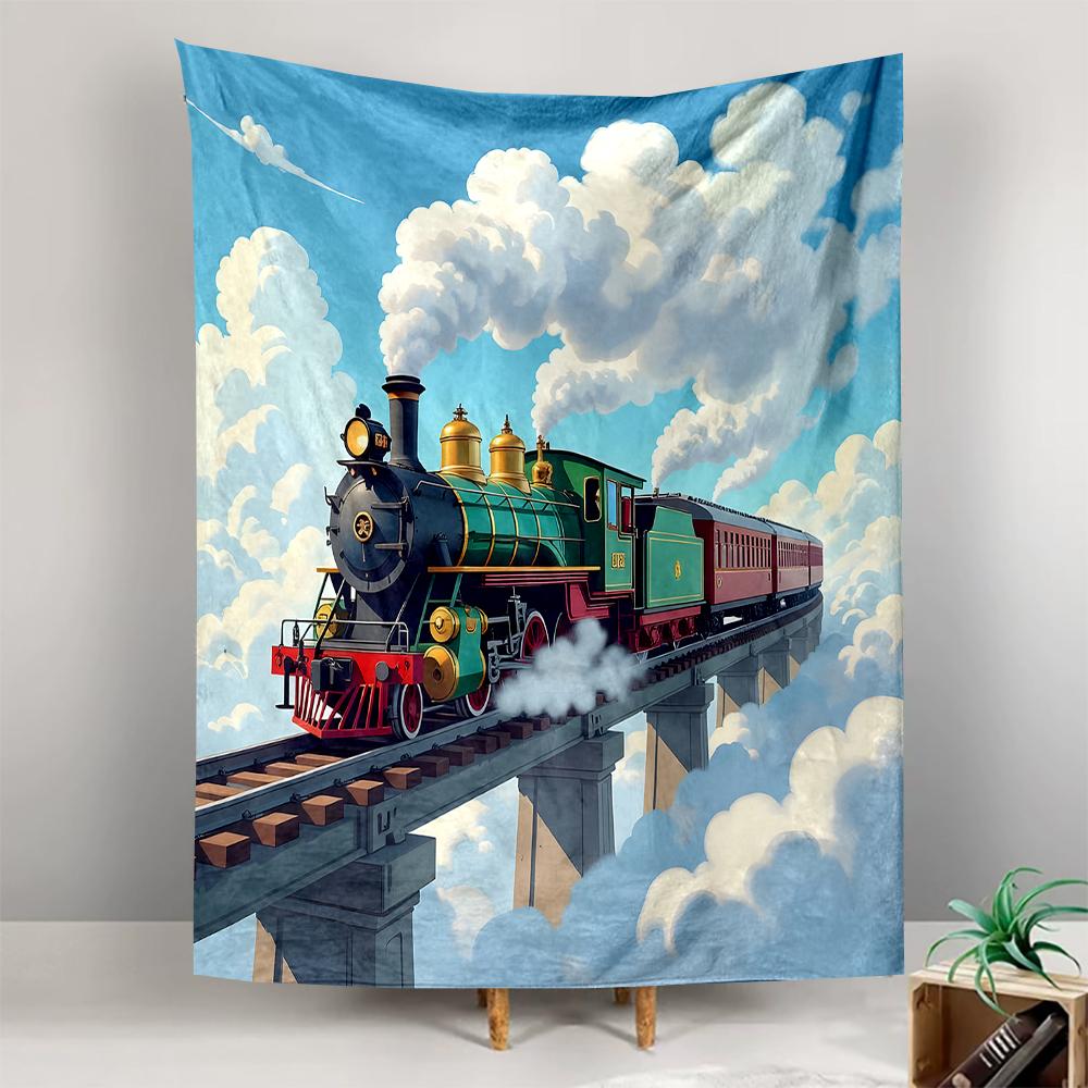 Vertical Tapestry Steam Locomotive Train Elevated Bridge Above Clouds Green Gold Wall Hanging Decor