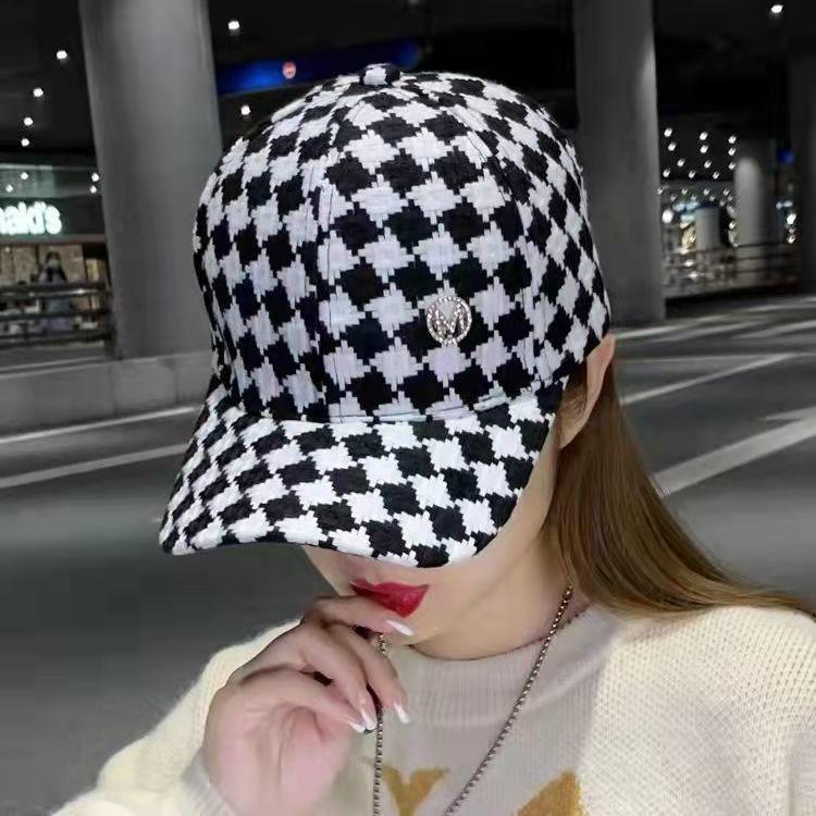 Hat Women's Spring and Autumn Rhinestones M Standard Baseball Cap Women's Ins Tide Cap Women's Plaid Fashion Trend Sun Protection Hat