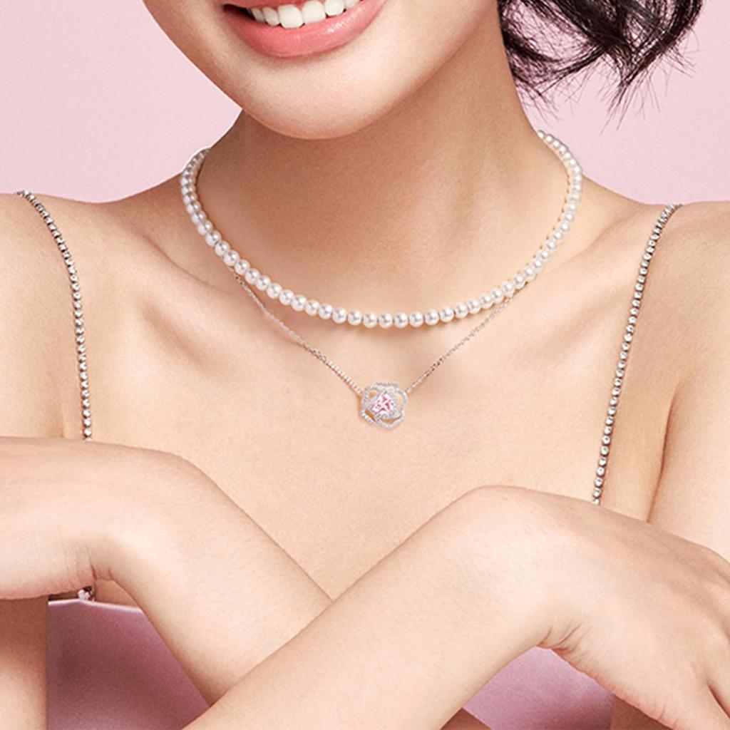 Ожерелье Аквамарин Камень марта Розовый мотив Платиновое покрытие Серебряное ювелирное изделие Аксессуар День рождения Рождественский подарок Подарочная упаковка в комплекте