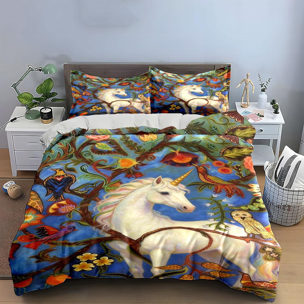 Unicorns, flowers, birds, branches. Bedding sets Duvet cover sets Duvet covers Pillowcases(1 * Duvet Cover 2 * Pillowcases without duvet insert)