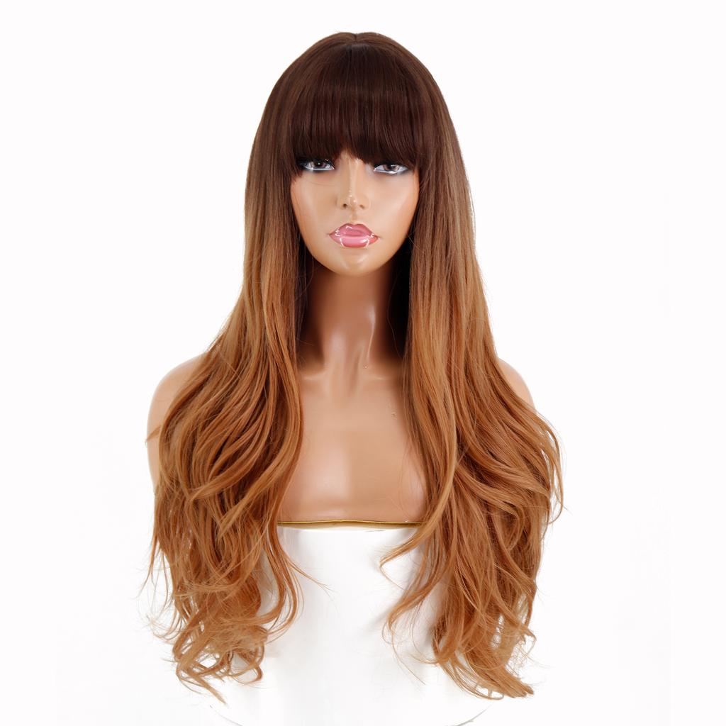 Женский длинный парик с волнистыми волосами с челкой Оранжевый Фиолетовый Коричневый Черный Золотой Жаростойкие синтетические парики Косплей Вечеринка Ежедневно Сью Шиньон