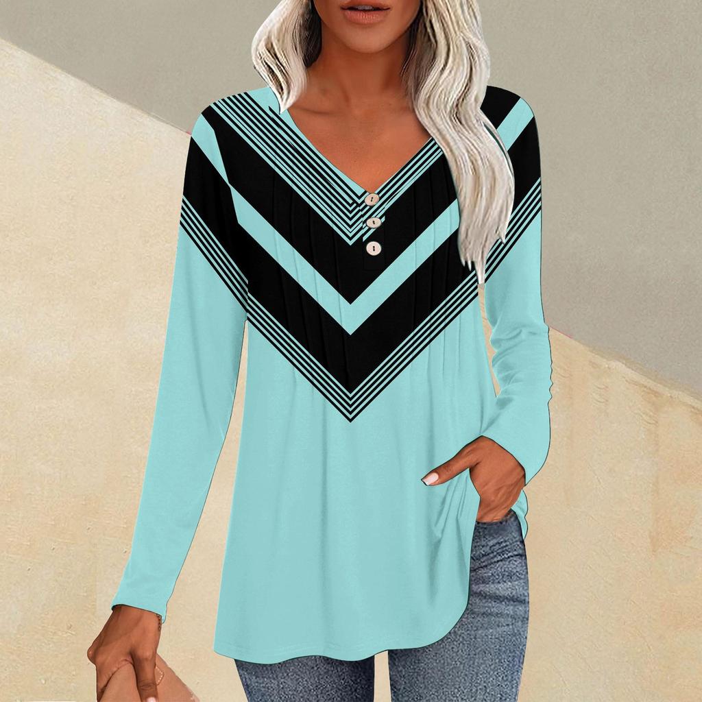 Fashion Tops Casual Pleated V-Neck Line Printed Long Sleeve T-Shirt