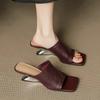 Fashion Handmade Soft Leather One-word Slippers Women's Outer Square Toe Summer New Fashion Retro Temperament Sandals