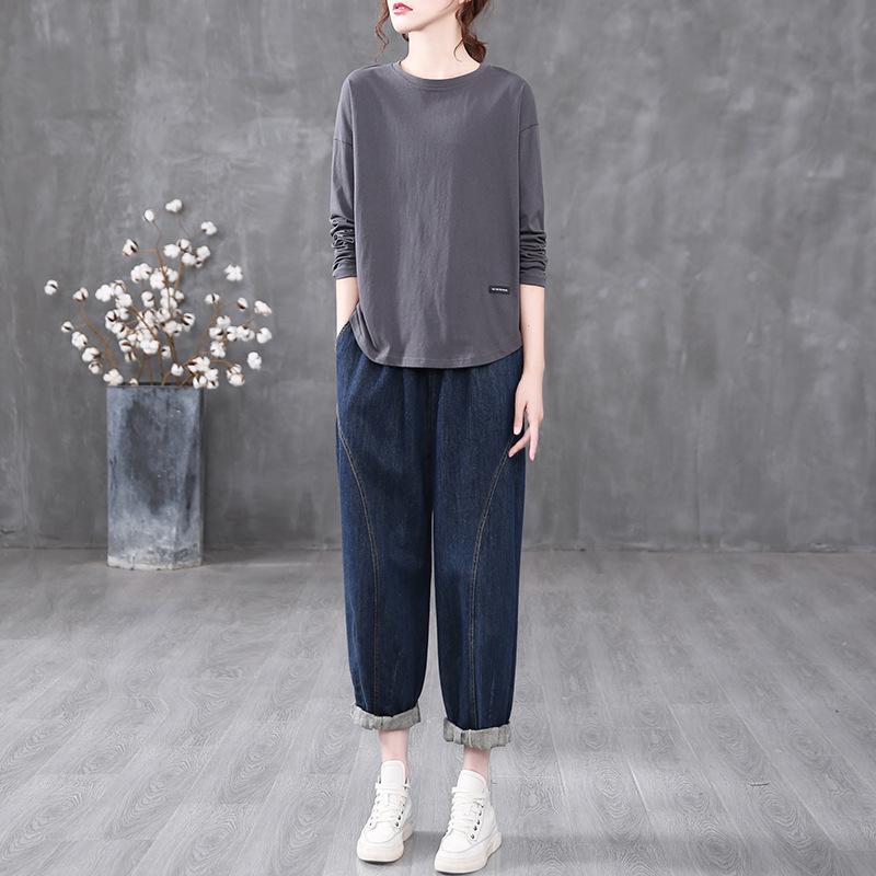 Женская футболка с длинным рукавом, многослойная - Однотонная, Большие размеры EMA