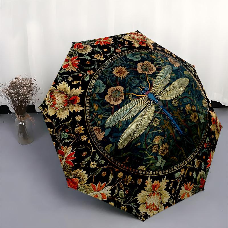 Dragonfly, FloralThemed Automatic Opening and Closing umbrella 8 Ribs, Suitable for Leisure and Going Out, Outdoor Accessory, Gothic Style