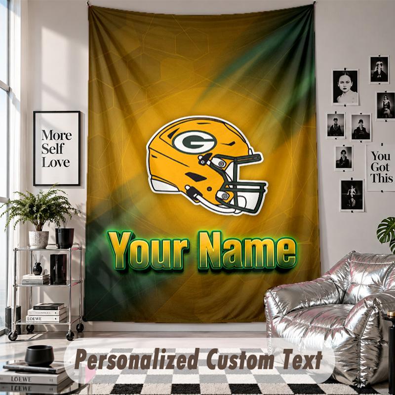 Wall Hanging Tapestry With Custom Name & Text, Green Bay Packers Decorative Tapestry For Bedroom