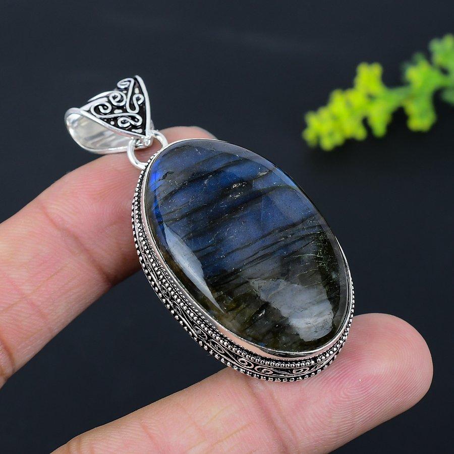Natural Labradorite Gemstone Handmade 925 Sterling Silver Pendant 2.36" q1O58