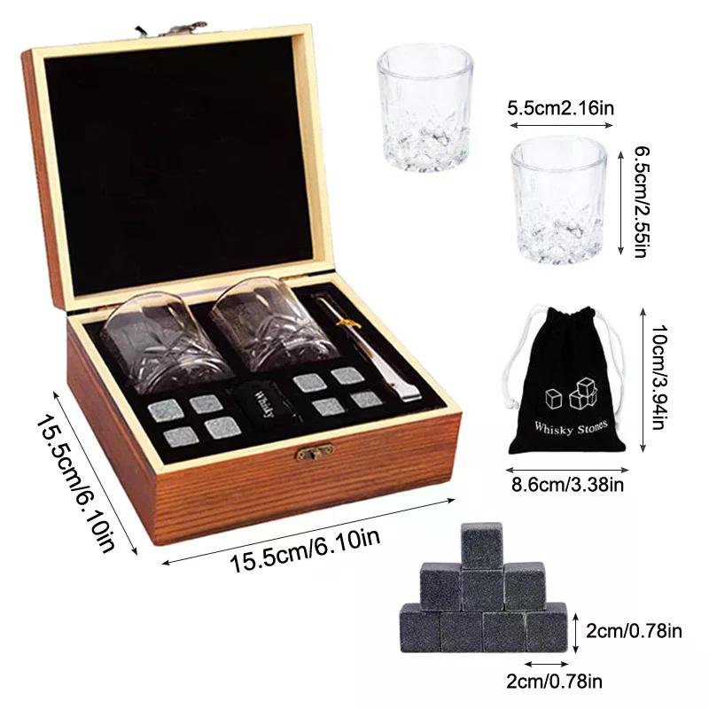 Подарок на День отца для мужчин Набор камней для виски 8 шт. Гранитные кубики льда + 2 шт. Стаканы для виски в деревянной коробке-бутылке Подарок для папы