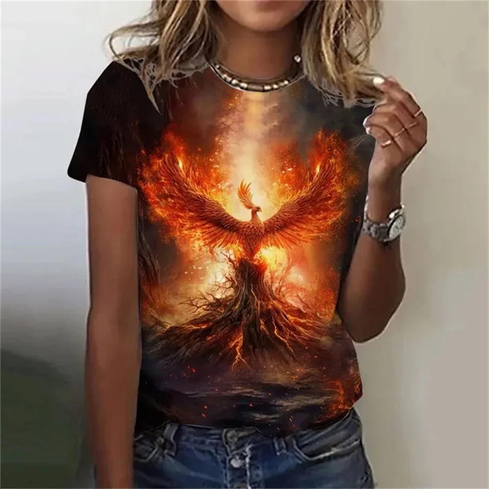 Новые футболки серии Phoenix с 3D-принтом, женская мода, футболка с коротким рукавом и круглым вырезом, Y2k Harajuku, свободные футболки, топы, женская одежда