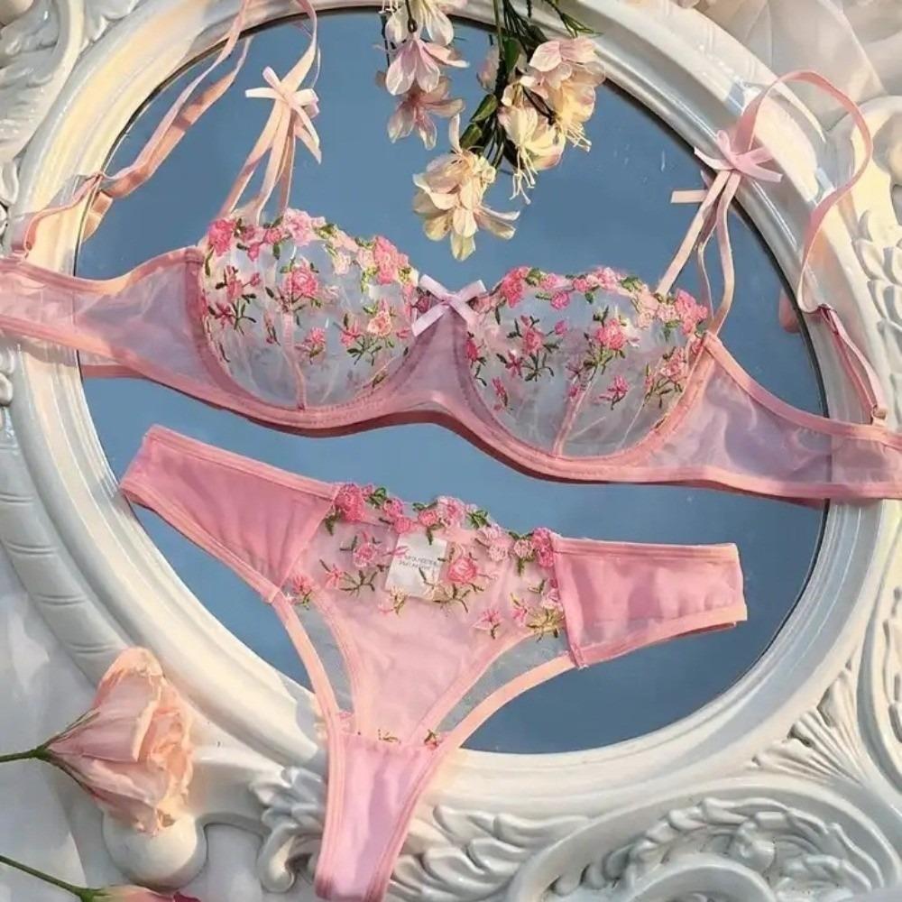 2pcs Set Sexy Bra Panties Set Mesh Push Up Bra Women Sweet Lace Flower Bra Girl