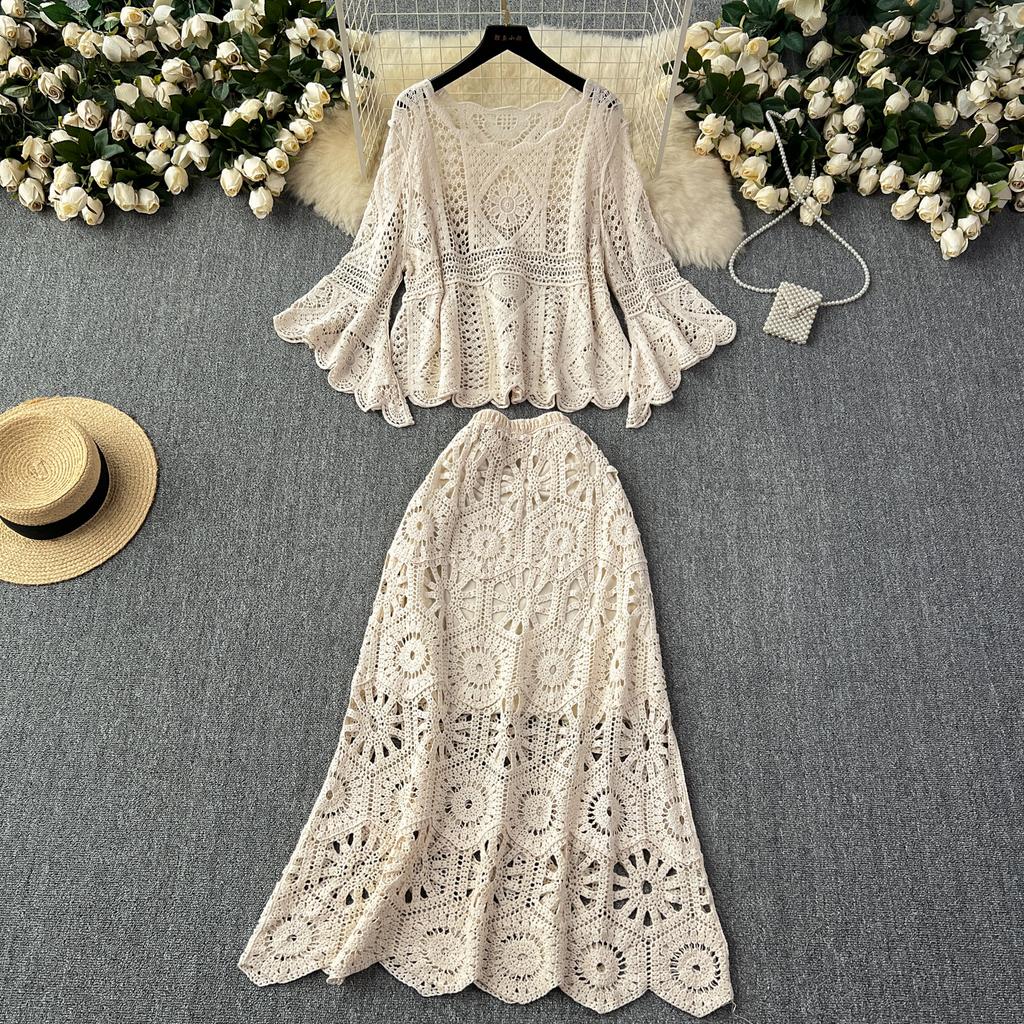 Dimanaf New 2025 Skirt Suit Women Knitting Beach Short Sleeve Lace Hollow Out Sexy O-Neck Hollow Summer Style Tops Tees Loose Basic