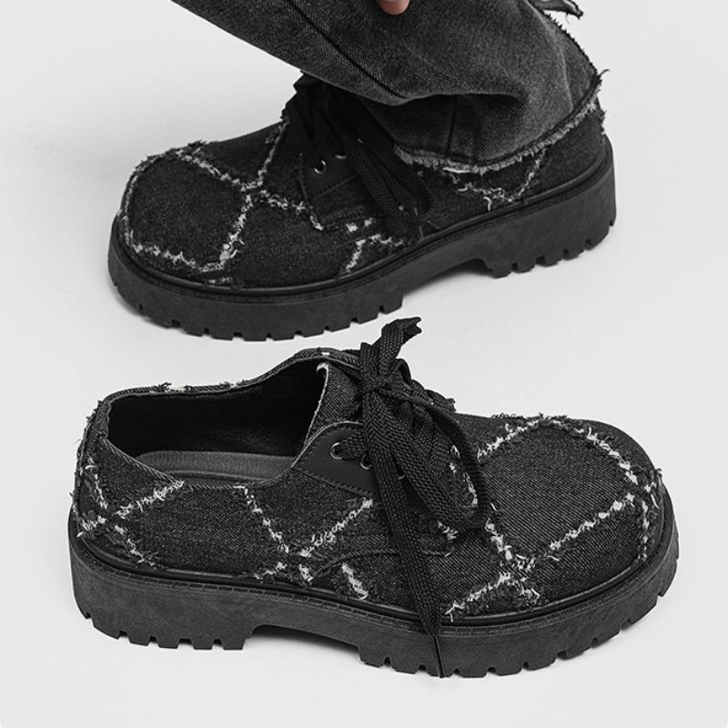 Модная мужская новая обувь дерби из выстиранного денима на платформе с круглым носком, повседневная обувь из кожи с большой головой, нишевая авангардная уличная обувь для мужчин