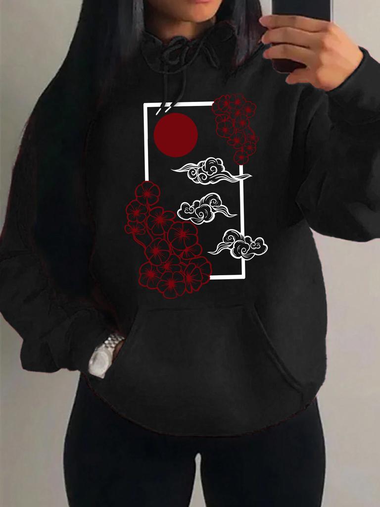 Harajuku Japanese Sunset Cherry Blossom Print Hoodie Women's Autumn Pocket Loose Clothing Casual Pullover Y2K Hoodie Women Top