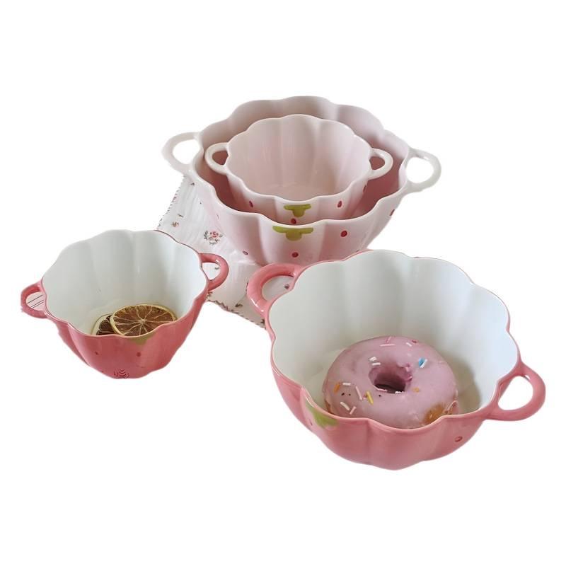 Очаровательная керамическая миска с двойными ручками в форме ягодного лепестка для фруктов, салата или лапши - Защита от ожогов.