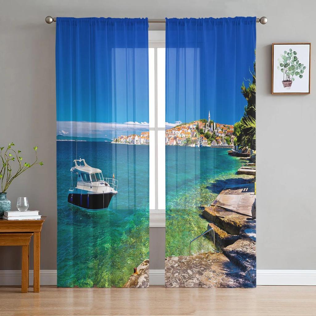 Прозрачные шторы для гостиной, пляжа, моря, кокосовой пальмы, детской спальни, балкона, большие шторы, занавески для кухни, столовой