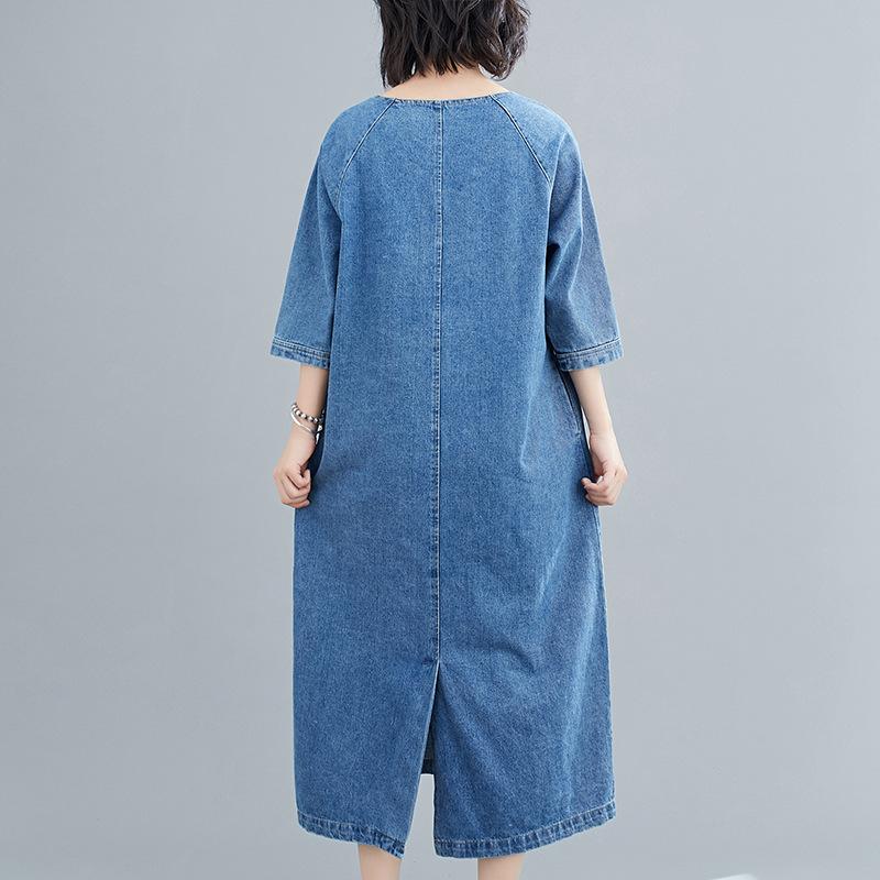 Plus Size Women New Spring Dress Denim Short Sleeve Dress V-Neck Long Dress Blue Basic Dresses Loose