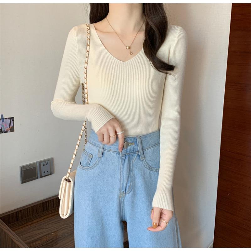 Новый V-образный вырез, облегающий, универсальный, короткий, однотонный, с длинными рукавами, свитер, вязаный снизу, свитер для женщин