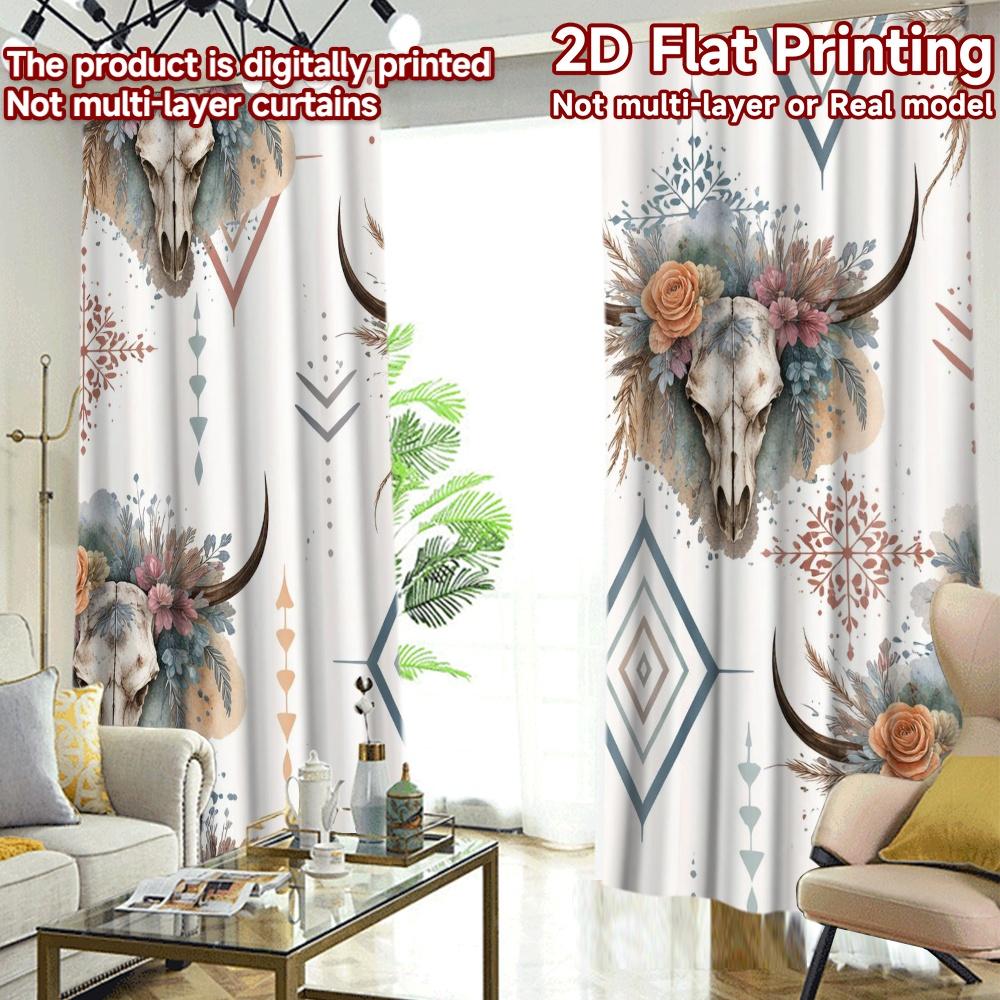 2D FLAT PRINTING 2pcs Curtains (Without Rod) Boho Floral Skull Motif Popular Curtains&Window Treatment Yarn Curtains Festive