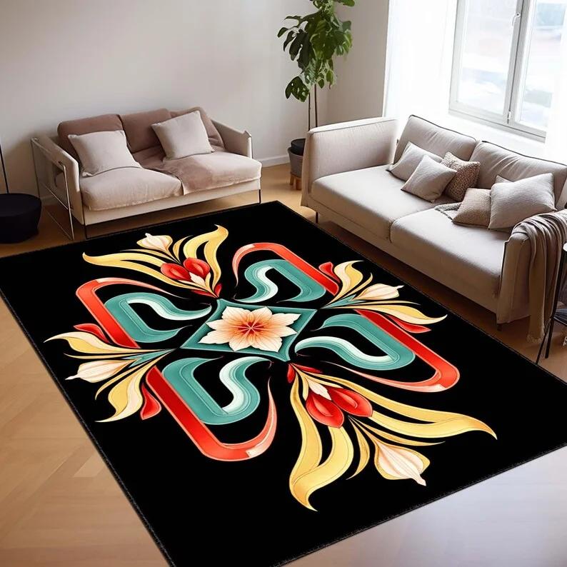 Colorful Floral Patterned Rug Dark Botanical Design Carpet Vibrant Garden Aesthetic Mat Bedroom Home Decoration