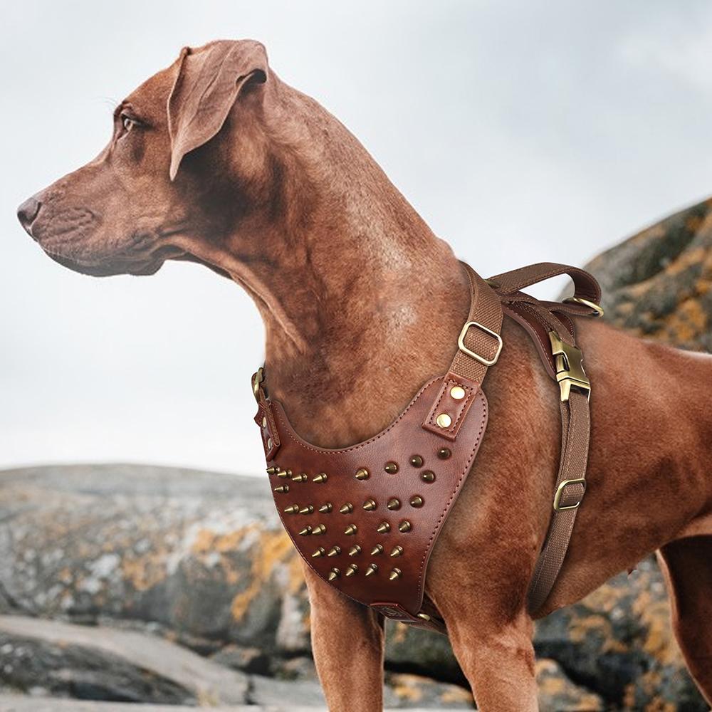 Durable Dog Harness Large Dogs Leather Nylon Harnesses Spiked Studded Pet Training Vest With Quick Control Handle For Pitbull
