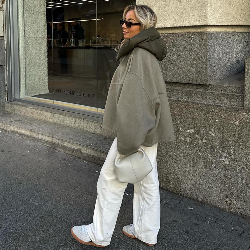 Women's Casual Hooded Drawstring Long Sleeved Jacket Autumn Winter Fashion Zipper Panelled Coat Short Loose High Street Outwear