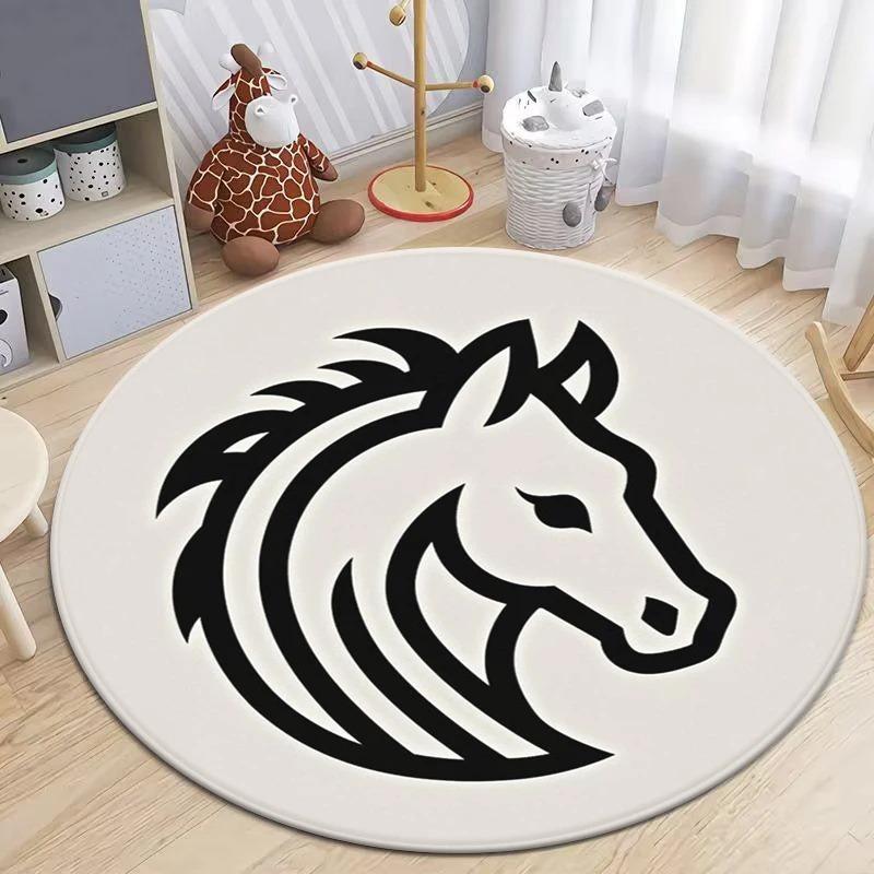 Modern Minimalist Stallion Round Soft Non-Slip Floor Mat Abstract Line Art Horse Living Room Bedroom Art Lover Rug