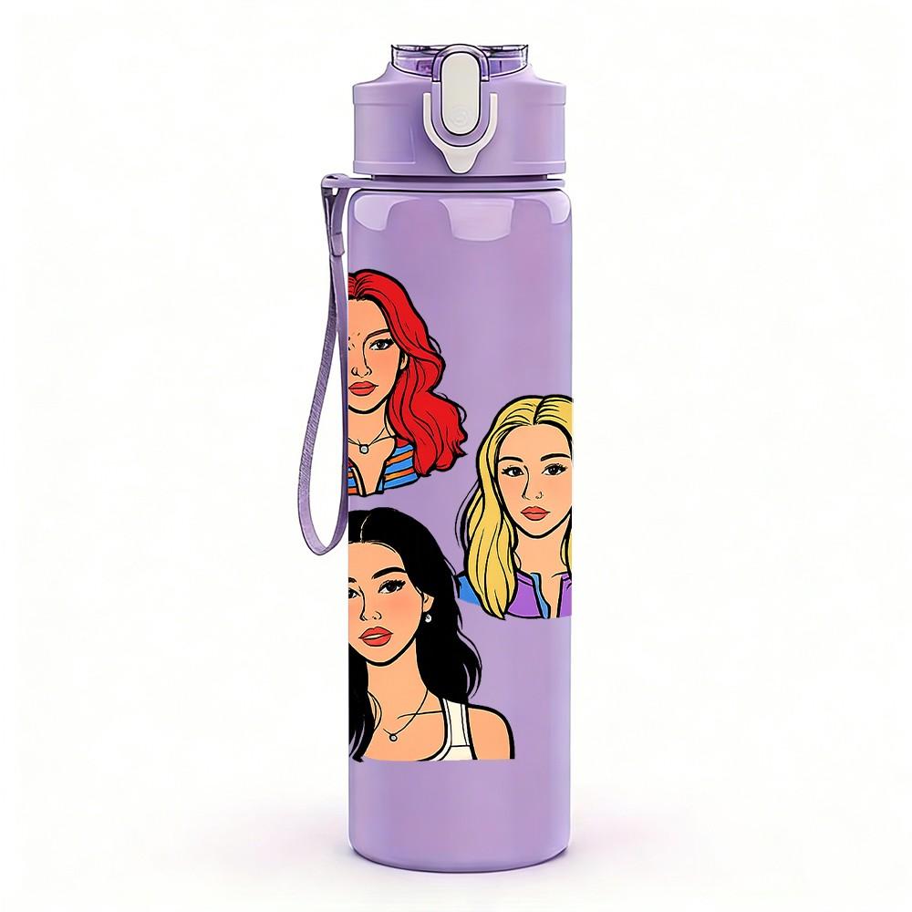 1PC Curly Hair Red Lady Portrait 750ml Color Plastic Sports Water Bottle Leakproof Flip Straw Lid Suitable for Sports Office Home Use