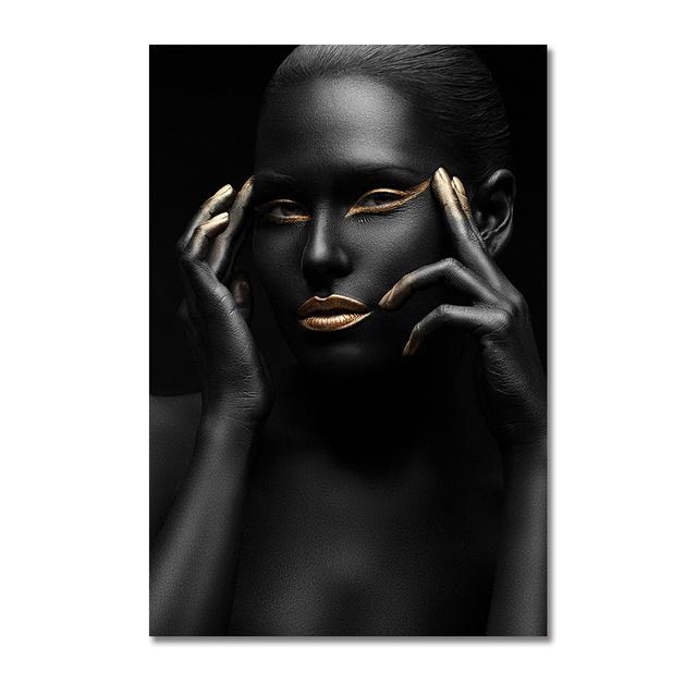 Scandinavian Poster African Art Black and Gold Female Oil Painting Interior Decoration Cuadros Modern Wall