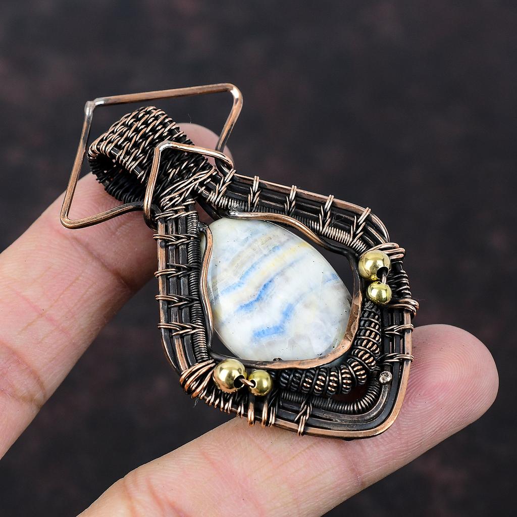 Blue Scheelite Pendant Copper Wire Wrapped Gemstone Jewelry Handmade Pendant Ethnic Style Jewelry Copper Wire Wrapped Pendant Gift For Him