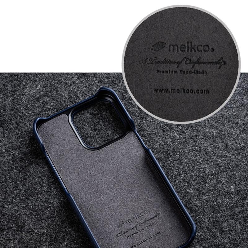 MELKCO For iPhone 14 Pro Max Genuine Cow Leather Coated PC Back Case Soft Microfiber Lining Incomplete Cover Phone Case