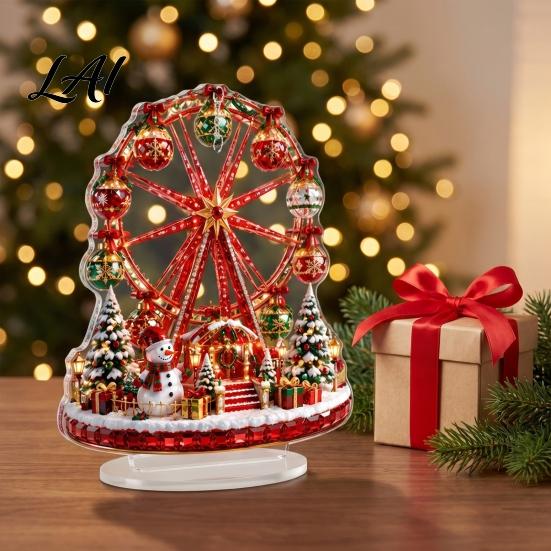 Christmas Holiday Decoration Decorative 2D Flat Tabletop Centerpiece Acrylic Carousels/Ferris Wheel/Tree Table Gift for Family Sign with Base Mantel
