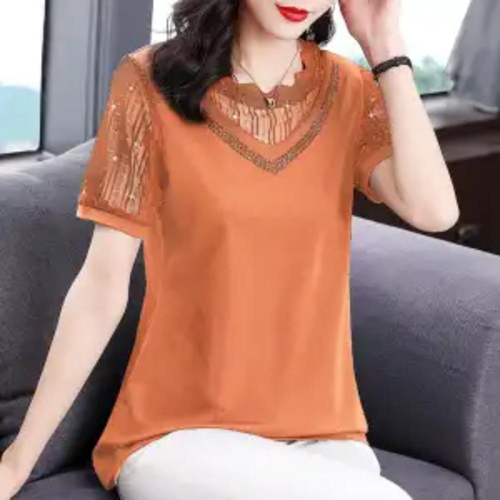 Commute Fashion Gauze Spliced Pullovers Women's Clothing Casual Round Neck Diamonds Summer Short Sleeve Solid Color T-shirt