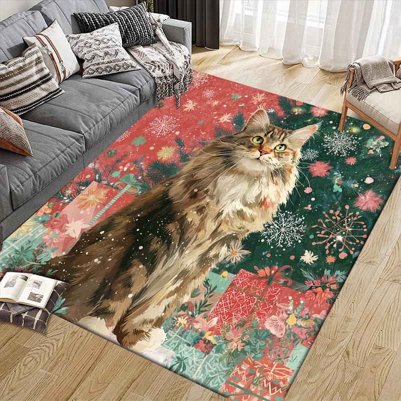 Christmas cat Home Sofa Decoration for Living Room & Bedroom, Non‑Slip Play Flannel Floor Mat for Game Room