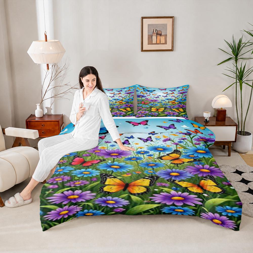 Vibrant Butterfly and Floral Design Bedding Set (1 duvet cover, 2 pillowcases, duvet not included)