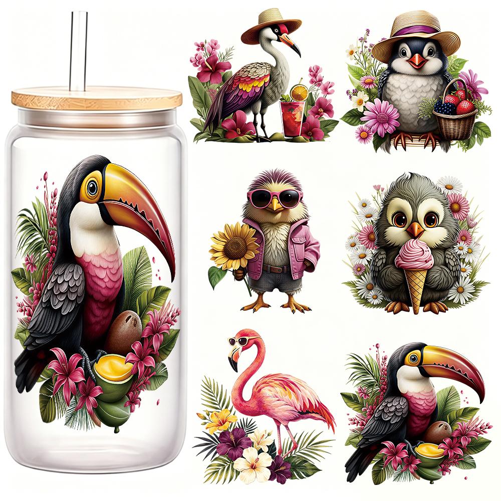 6PCS Cute Tropical Bird UV DTF Crystal Label Stickers Summer Jungle Flamingo Transfers Stickers for Glass Cups Bottles DIY Craft