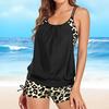 2Pcs/Set Women Tankini Set Backless Cross Lace Leopard Stitching Tops Swimming Shorts Set Split Swimsuit