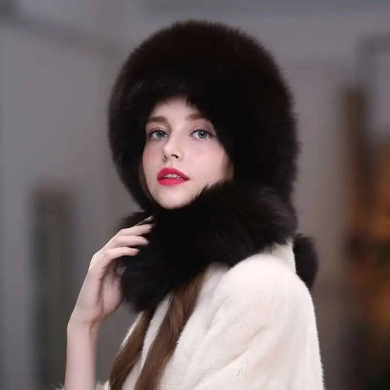 Женская зимняя шапка-ушанка из лисьего меха, шарф-шапка, теплая шапка с защитой ушей, женская уличная, густая, теплая, меховые шапки, русская мода, пушистая меховая шапка