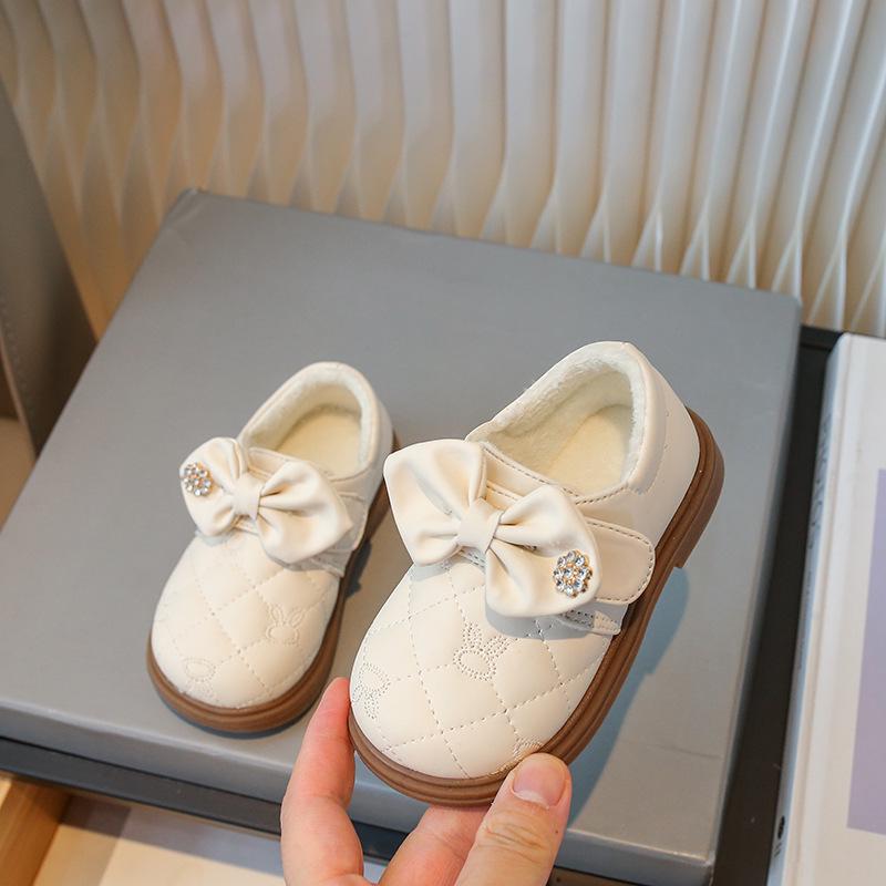 Туфли-принцессы из бархата с бантом для девочек – Кожаная подошва с мягкой подошвой для осени и зимы
