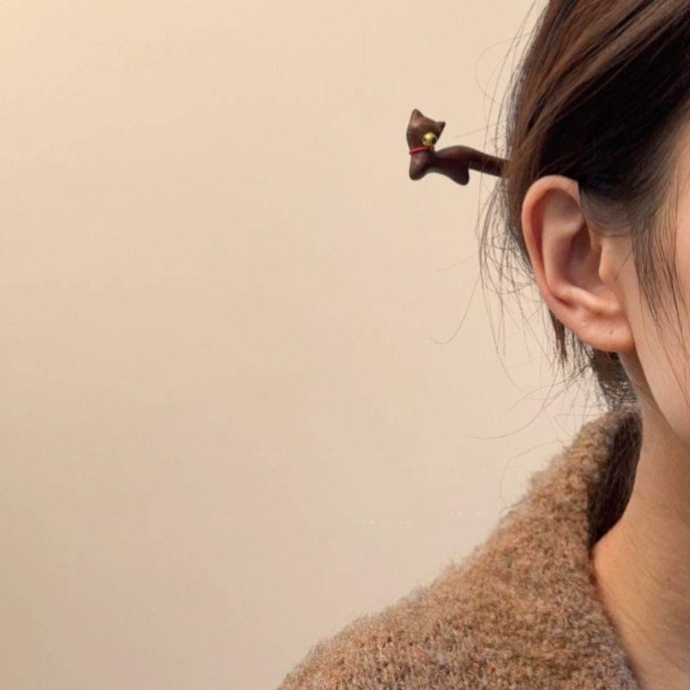 Headwear Cat Hair Stick Wooden Cartoon Aniaml Hairpin Retro Chinese Hanfu Style Hair Clip Party
