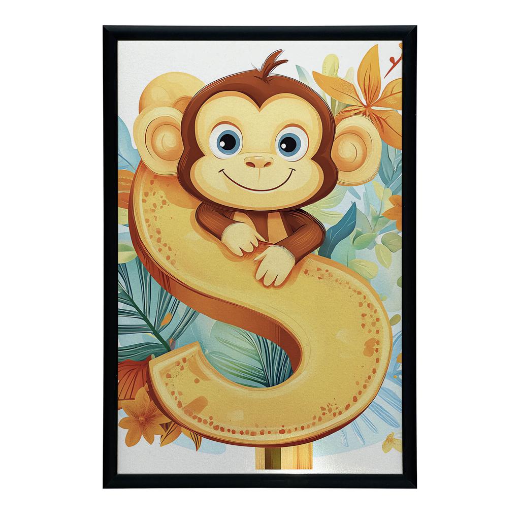 Poster Cheerful Monkey And Letter S Poster Cheerful Monkey And Letter S, 40X50 Cm, Gold Aluminum Frame, 230 Gsm Matte Paper