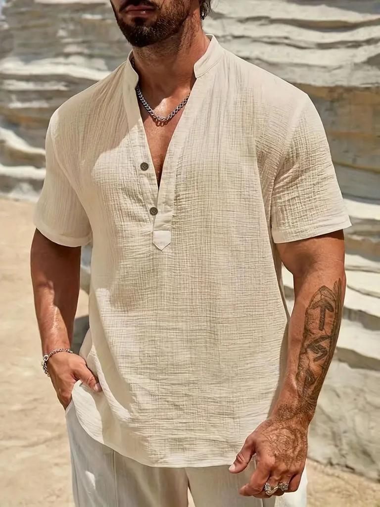 Мужская белая текстурированная рубашка-henley с коротким рукавом из смесовой льняной ткани, воротник-мандарин, 2 винтажные пуговицы, полупланка, свободный крой, дышащая, летняя, пляжная, повседневная