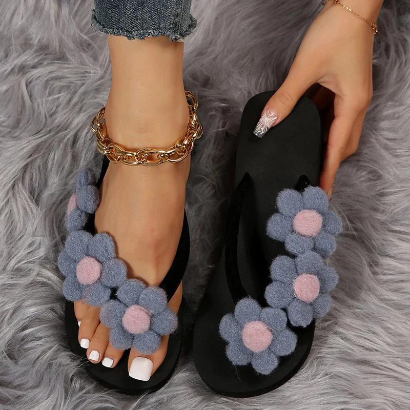 Fashion Women's Stylish Flower Decro Flip Flops Thick Sole Wedges 2025 Summer Slippers Woman Summer Beach Non Slip Platform Sandalias