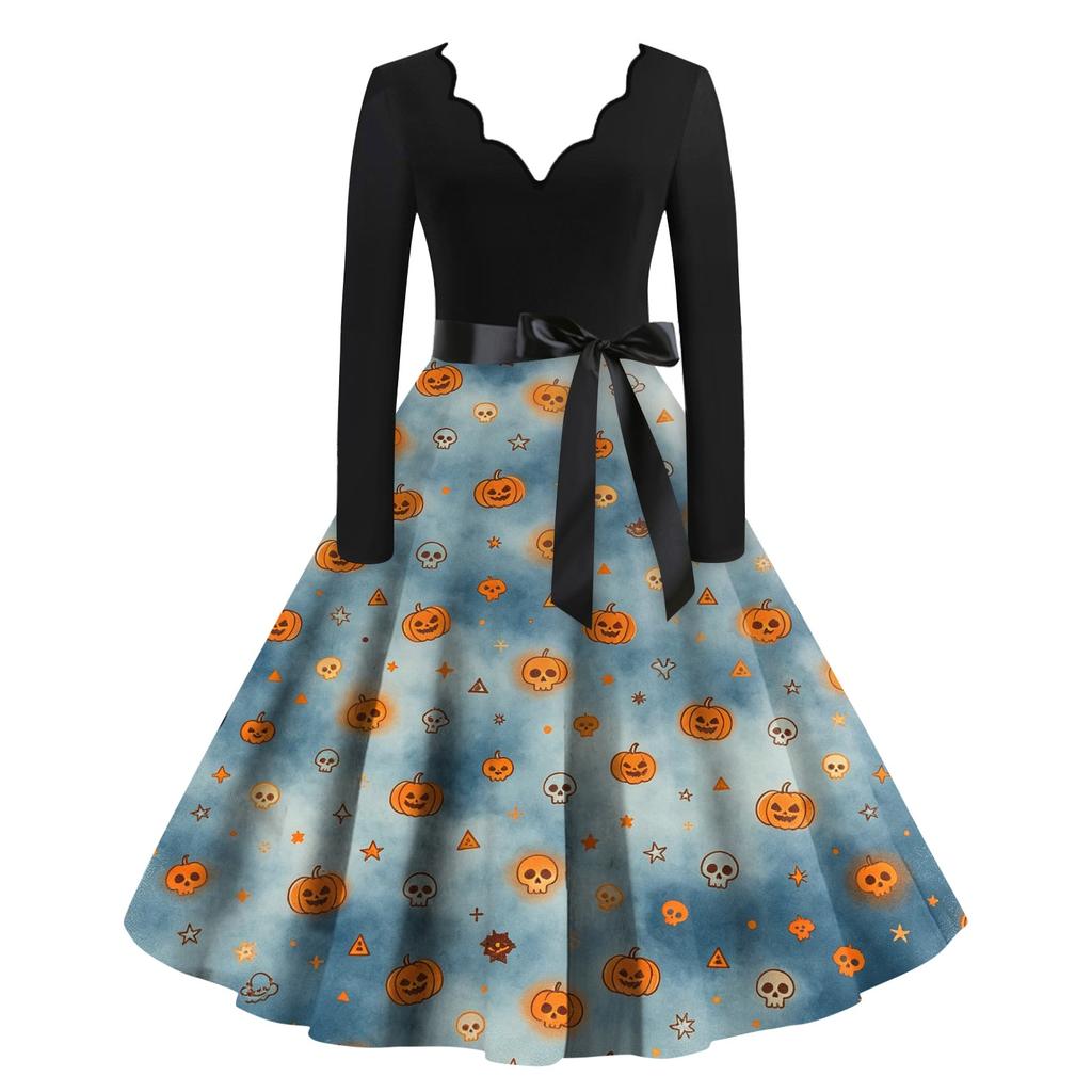 Women's Halloween Printed Long Maxi Dress for Costume Party